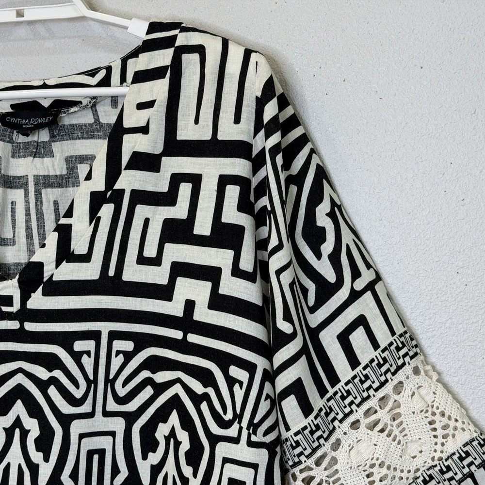 Cynthia Rowley Top Size 2X Black Off White Print V-Neck 3/4 Sleeve Linen Blend - Picture 3 of 9